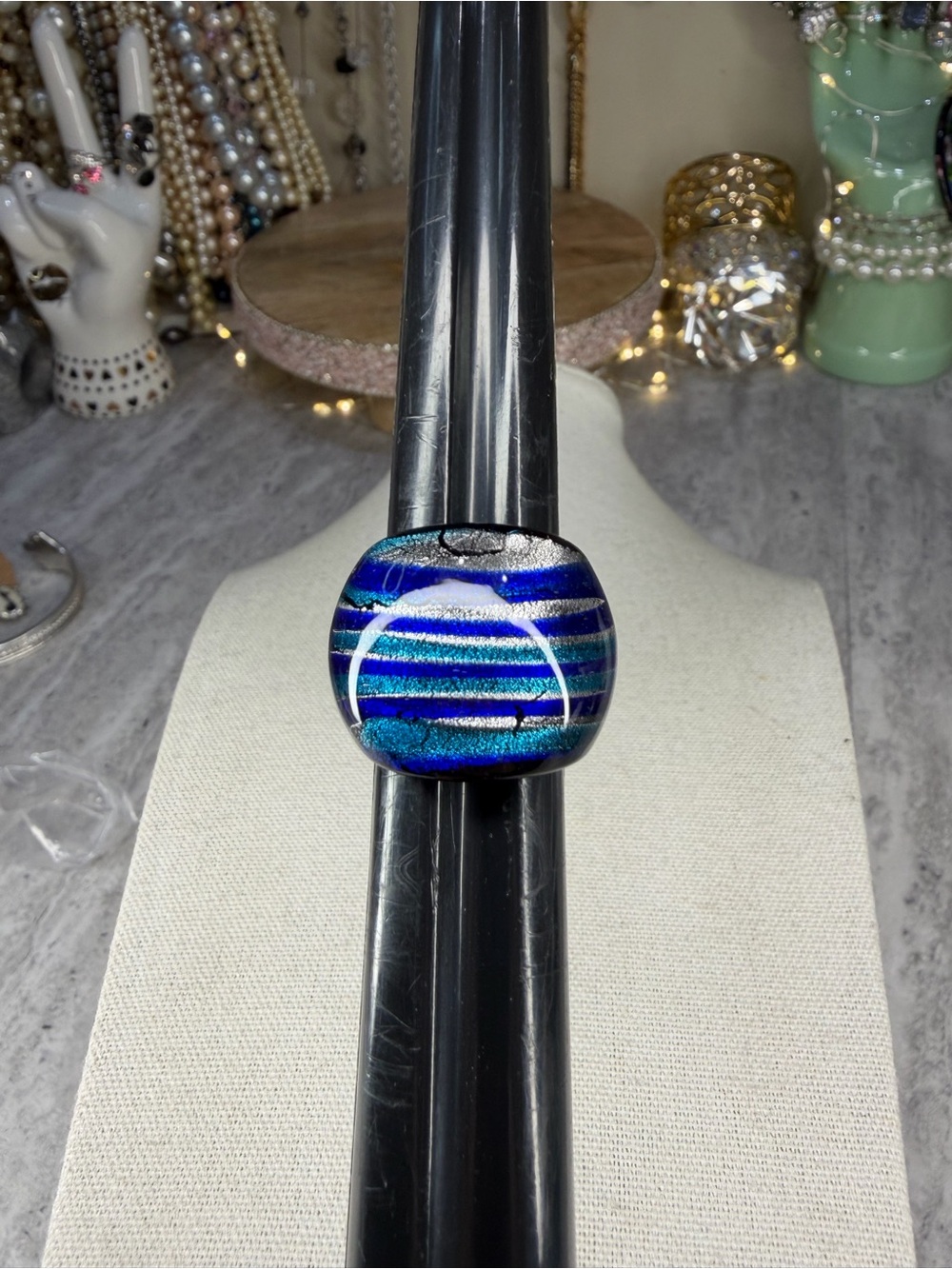 Murano Glass Ring Blue Swirl Design Jewelry 6.5 Chunky